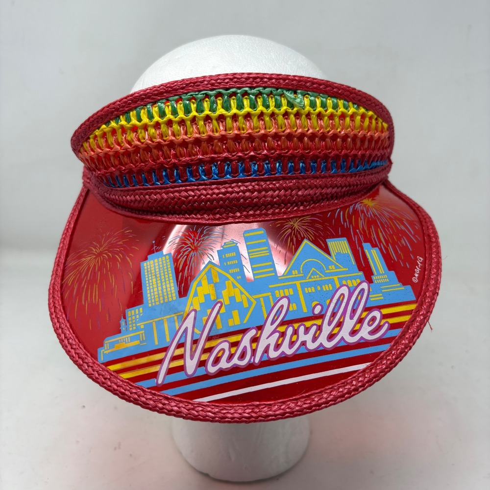 Vintage Scotty Nashville Skyline Red Sun Visor Retro Rainbow Braided Straw Hat